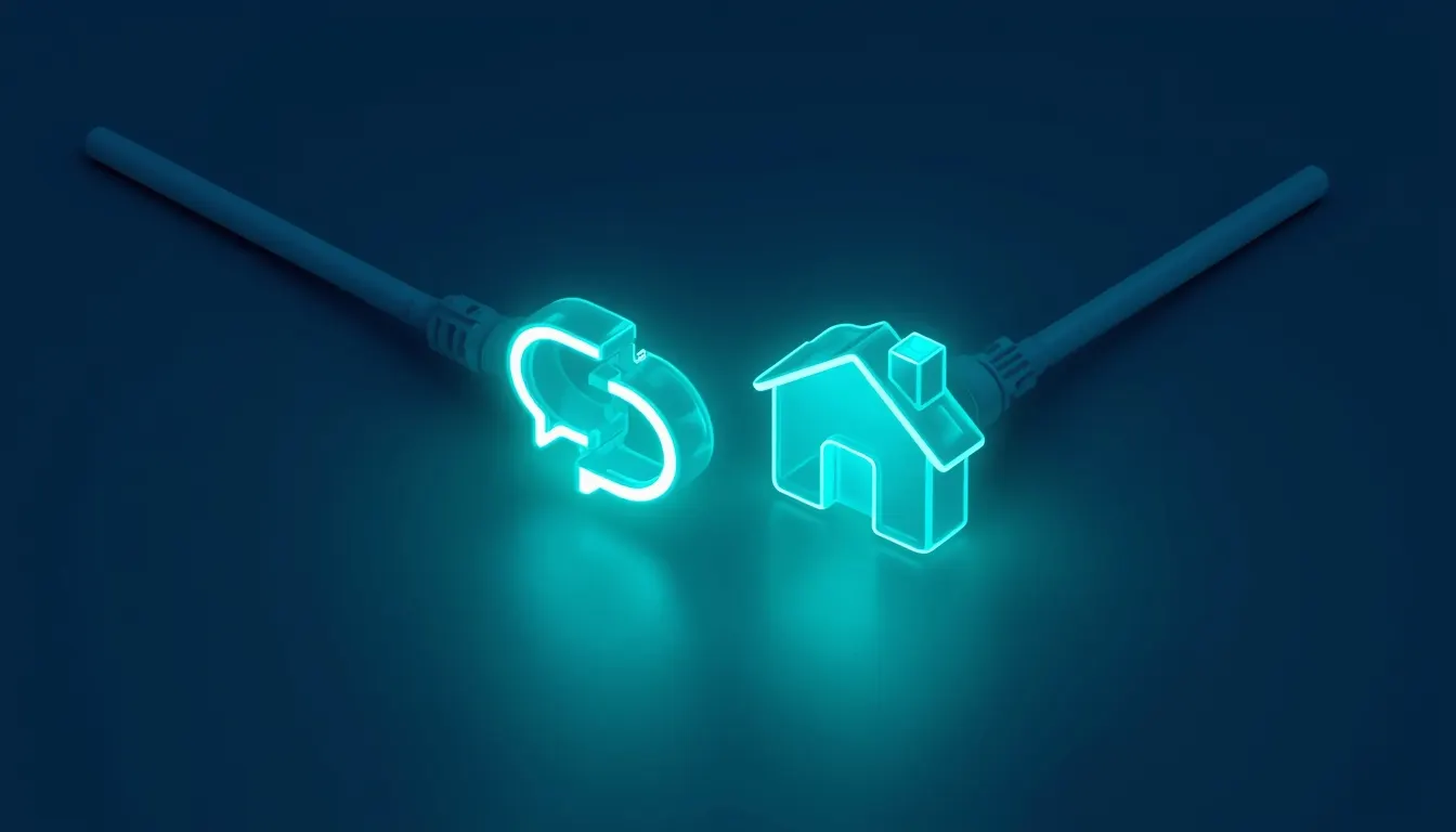 Two glowing plug connectors, one shaped like a chat bubble and one like a house, about to connect