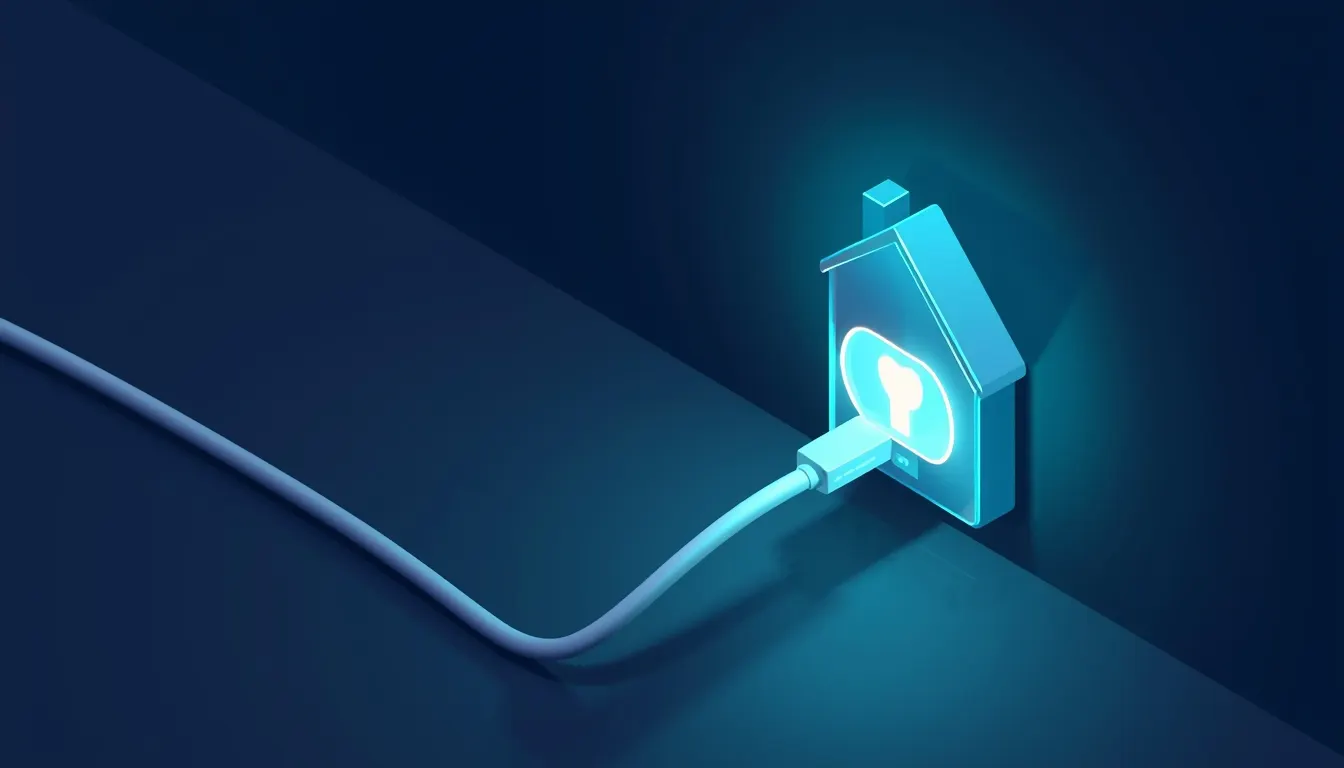 A glowing connector cable unplugged from a house-shaped socket with a small shield