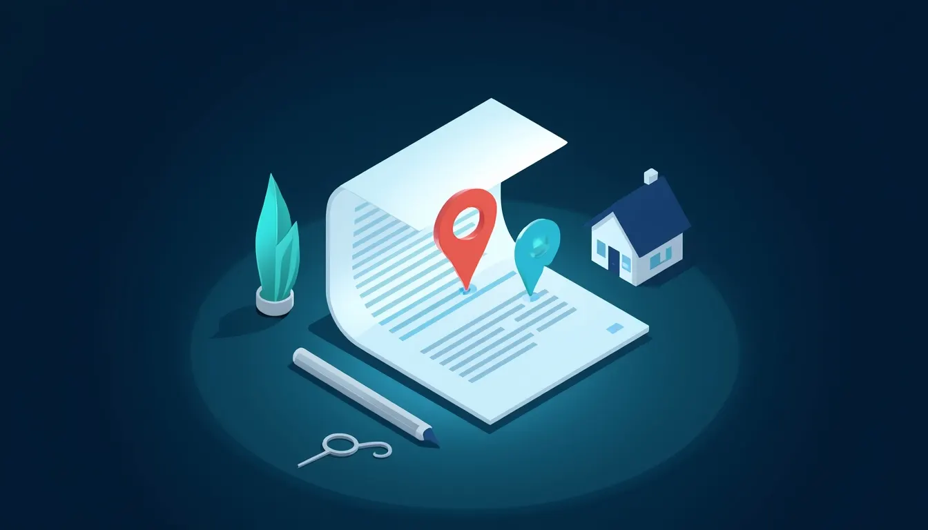 A glowing document page being drafted next to map pins and a small house, representing real estate content writing