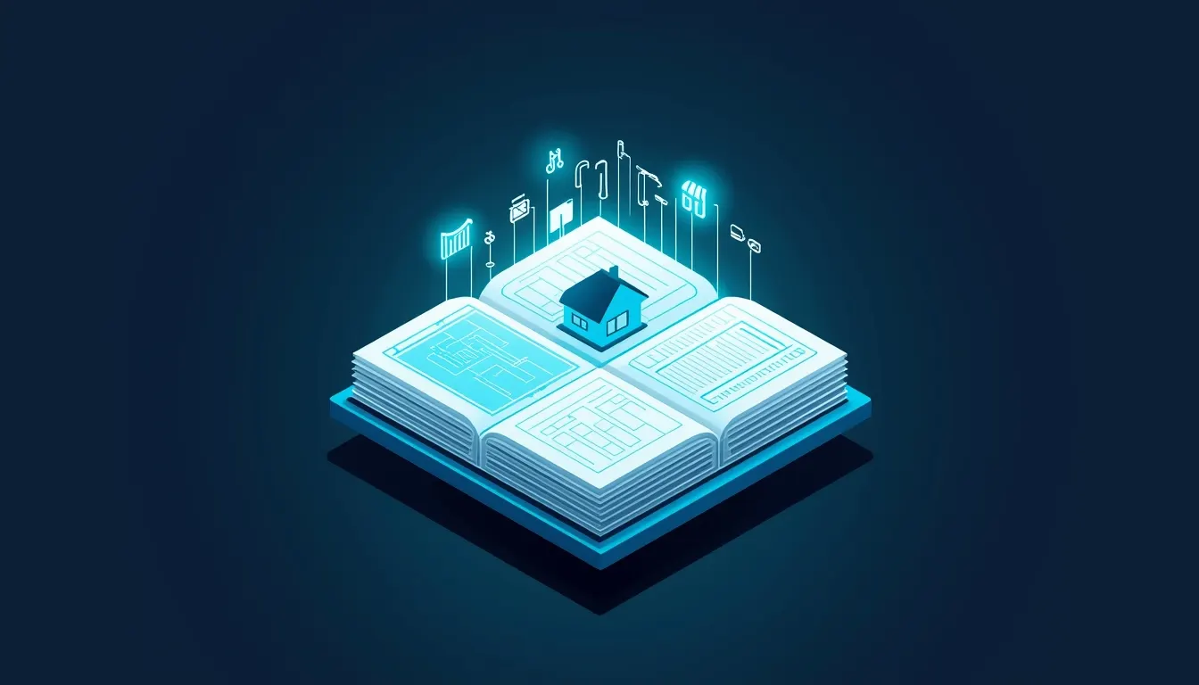 An open book of glowing blueprint pages with a small house and tool icons rising from it, representing IDX Broker MCP documentation
