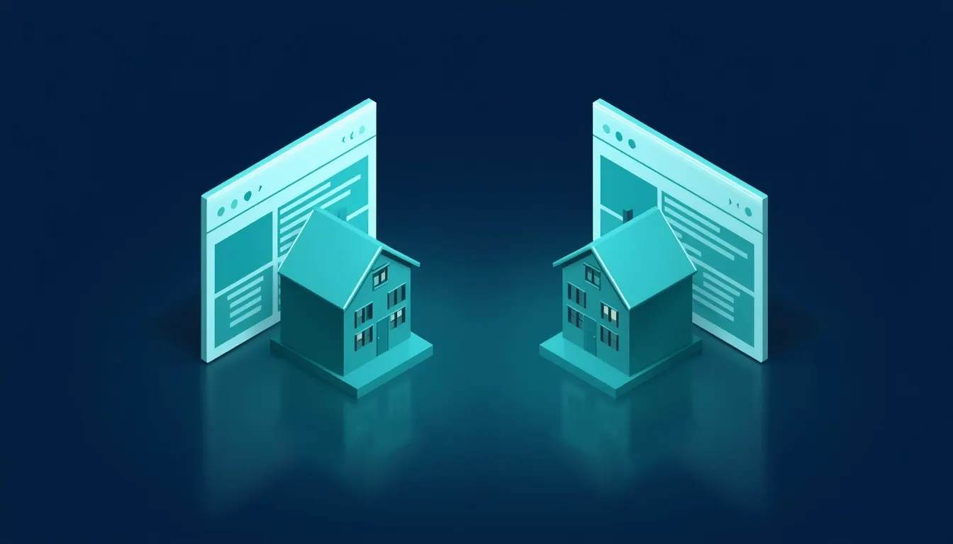 Two side-by-side isometric browser windows with house listing blocks, illustrating different website setups