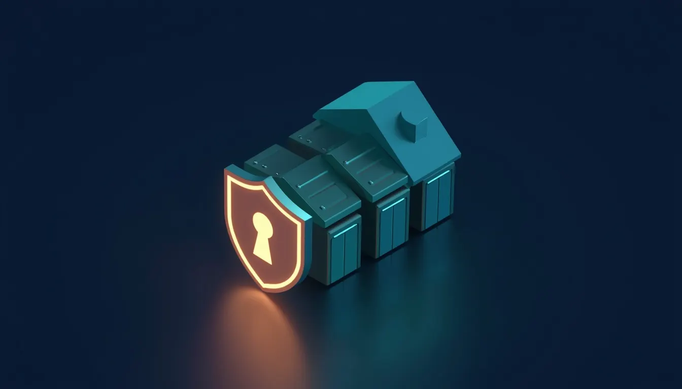 A glowing shield with a keyhole in front of a small house and three stacked confirmation gates