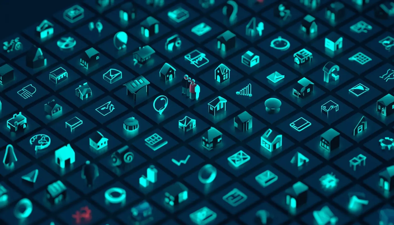 A grid of small glowing tiles showing houses, people, map pins, charts and envelopes