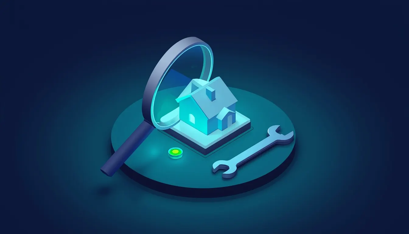A magnifying glass over a small glowing house dashboard with a green status light and a wrench