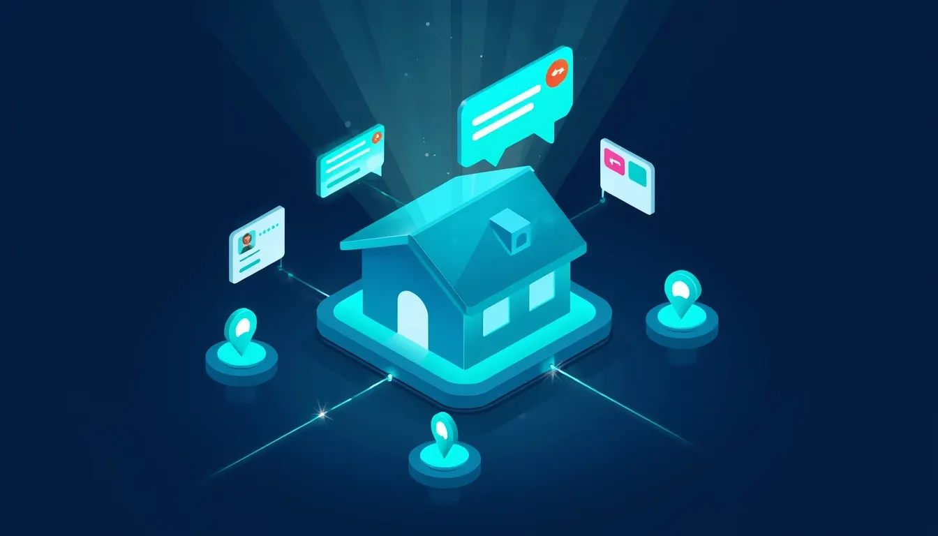 A glowing house connected to chat bubbles, people pins and data cards, illustrating an AI assistant working with an IDX account