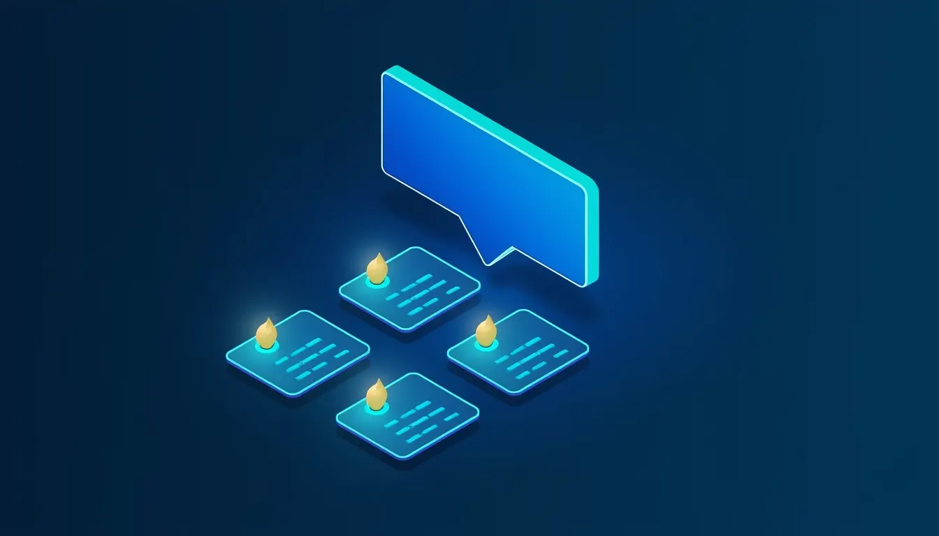 A chat bubble asking about a row of glowing contact cards with small activity indicators