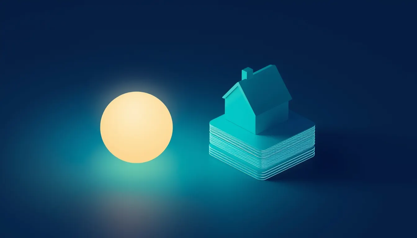 A thoughtful assistant orb beside a glowing house and a stack of lead cards