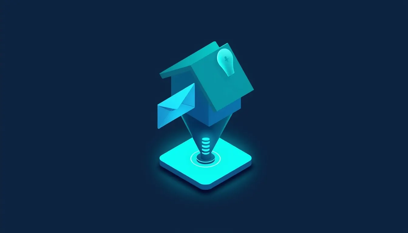 A glowing house-shaped funnel with a bell and envelope alerts, representing saved search email alerts