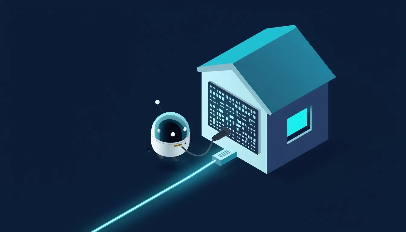A friendly assistant orb plugging a glowing cable into a house with data panels, illustrating an MCP connection to an IDX account